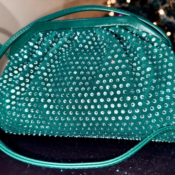 Dark Green Vince Camuto Genuine Leather Rhinestone Studded Crossbody Bag NWT - Picture 4 of 17